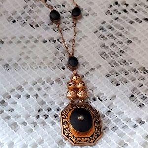 Rare Victorian Lavalier Black Onyx & Seed Pearl Necklace